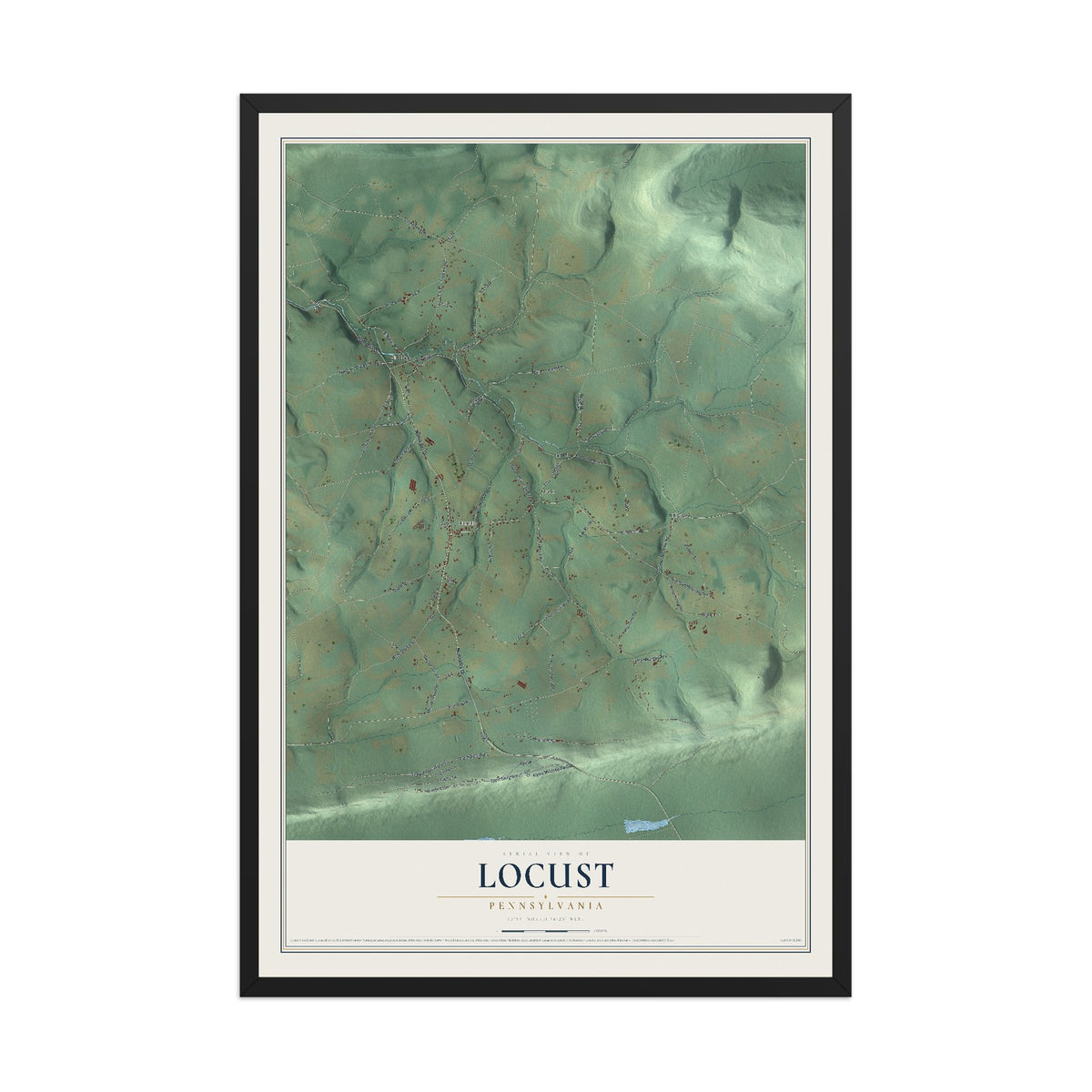 Map of Locust, Pennsylvania, 12 x 18 inch print in a black wood frame