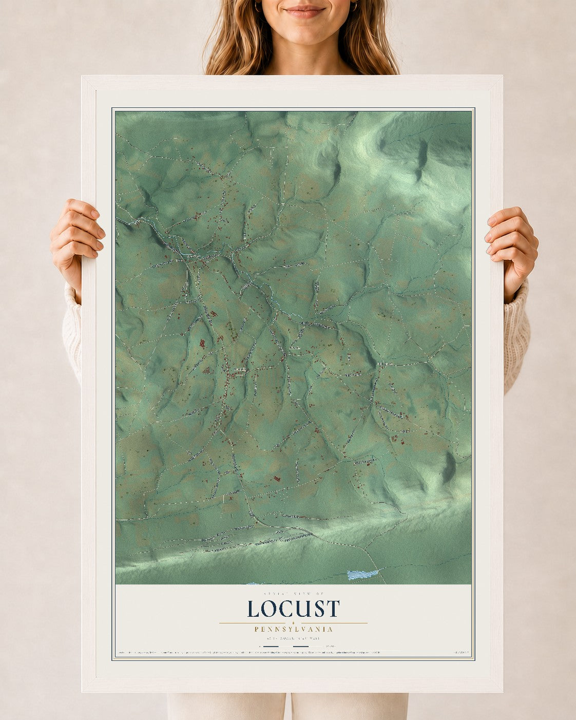 Map of Locust, Pennsylvania, 24 x 36 inch print in a white wood frame