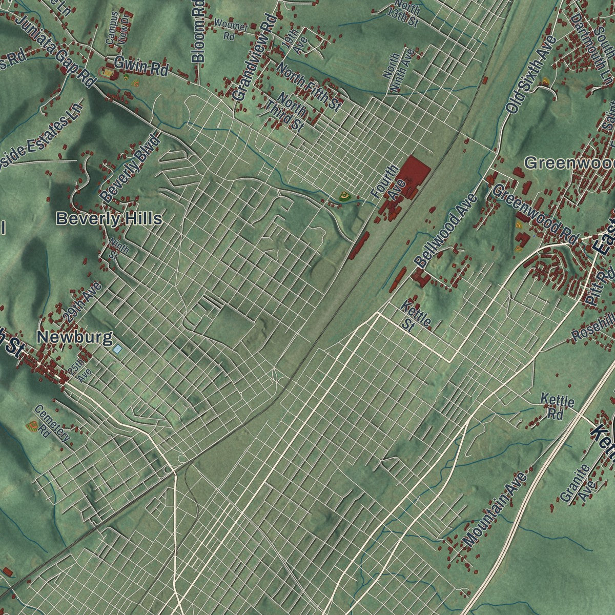 Close-up of the map of Logan, Blair County, Pennsylvania print showing street and building detail