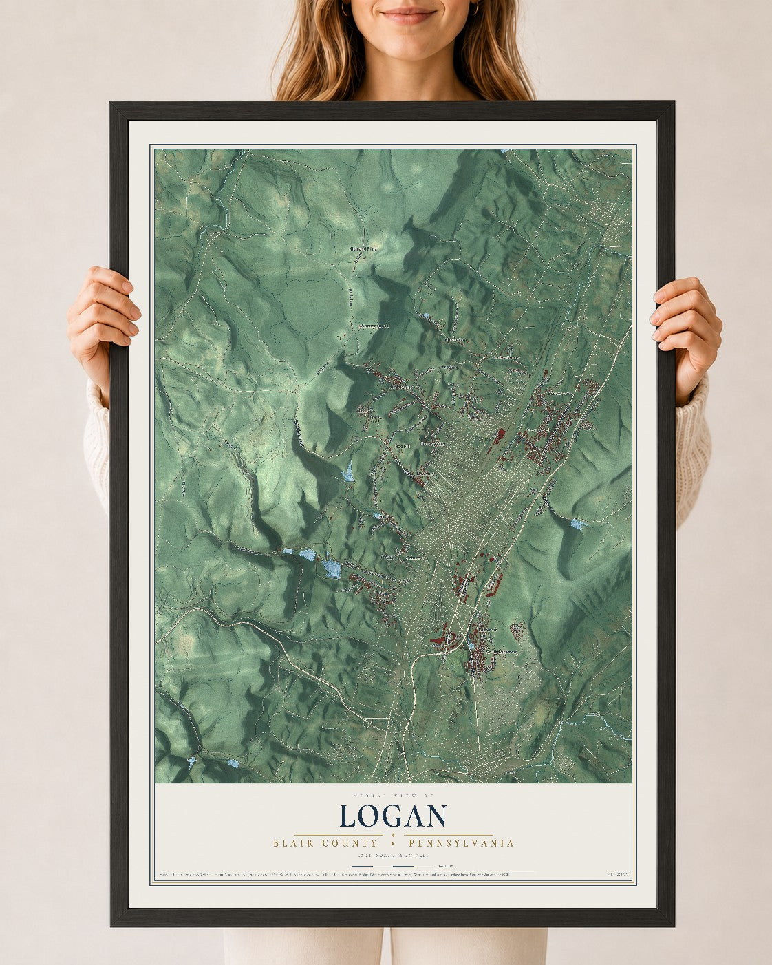 Map of Logan, Blair County, Pennsylvania, 24 x 36 inch print in a black wood frame