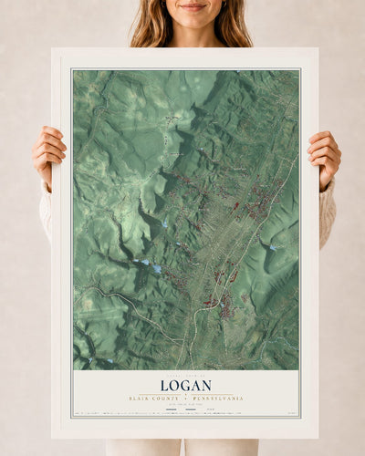 Map of Logan, Blair County, Pennsylvania, 24 x 36 inch print in a white wood frame
