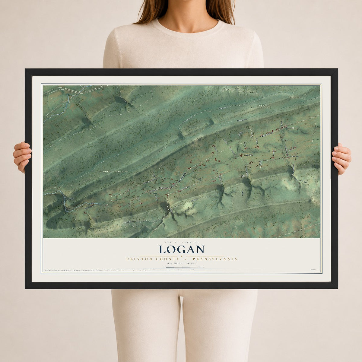 Map of Logan, Clinton County, Pennsylvania, 24 x 36 inch print in a black wood frame
