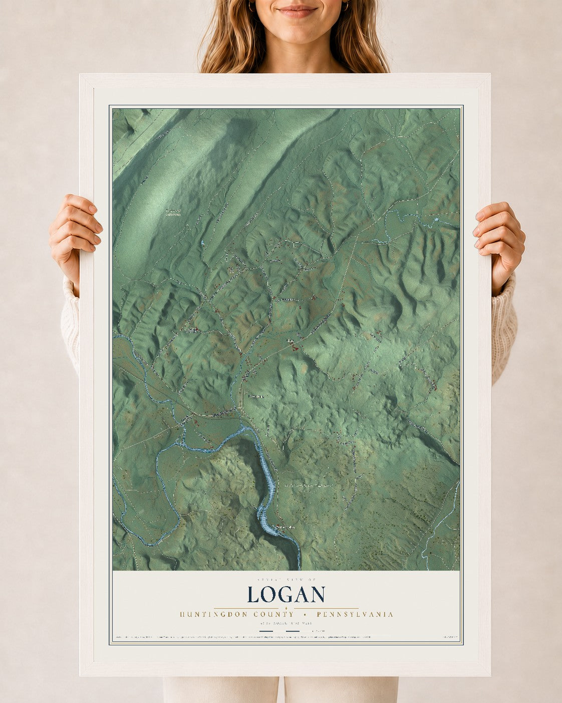 Map of Logan, Huntingdon County, Pennsylvania, 24 x 36 inch print in a white wood frame