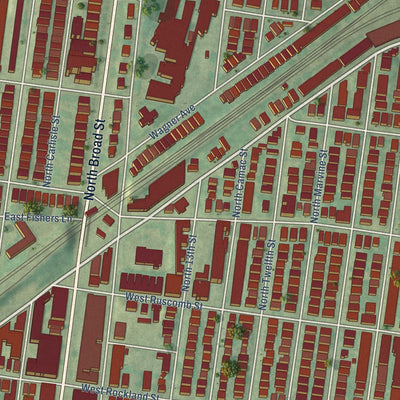 Close-up of the map of Logan, Philadelphia, Pennsylvania print showing street and building detail