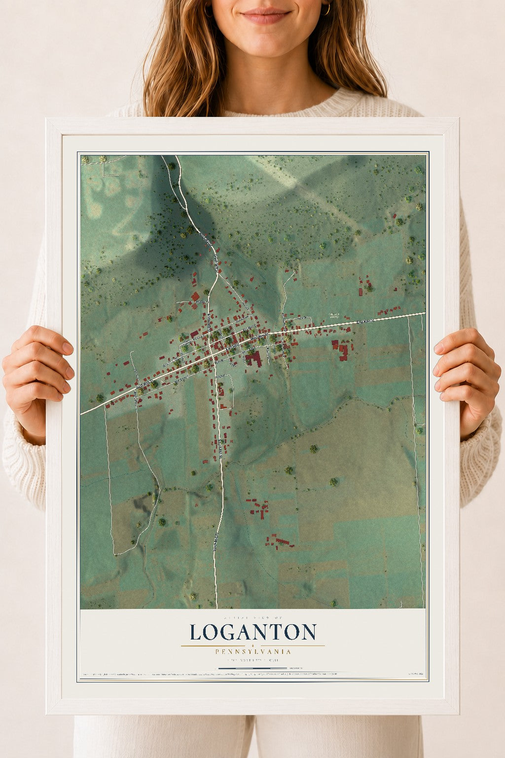 Map of Loganton, Pennsylvania, 18 x 24 inch print in a white wood frame