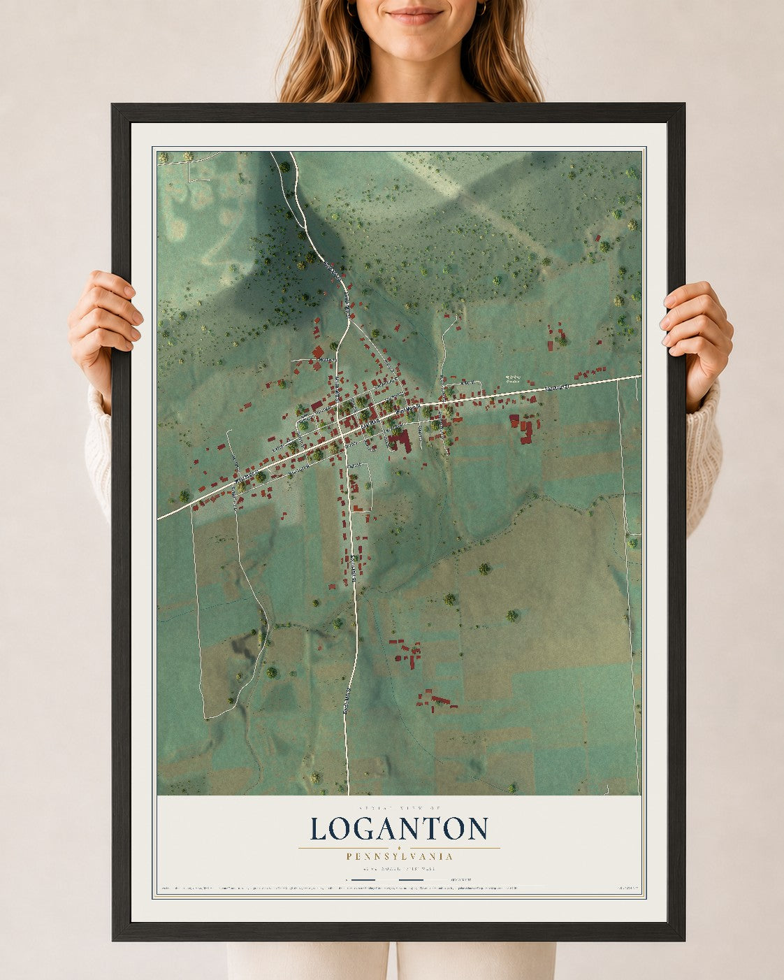 Map of Loganton, Pennsylvania, 24 x 36 inch print in a black wood frame
