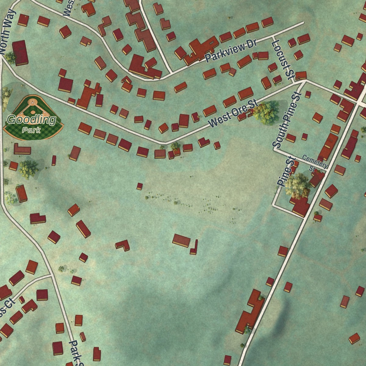 Close-up of the map of Loganville, Pennsylvania print showing street and building detail