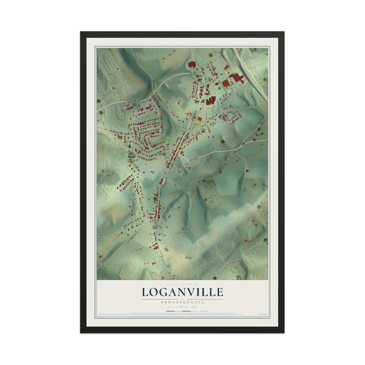 Map of Loganville, Pennsylvania, 12 x 18 inch print in a black wood frame