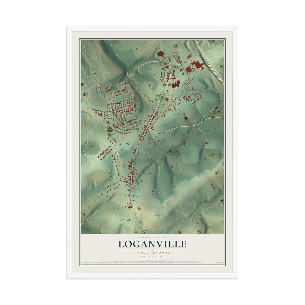Map of Loganville, Pennsylvania, 12 x 18 inch print in a white wood frame