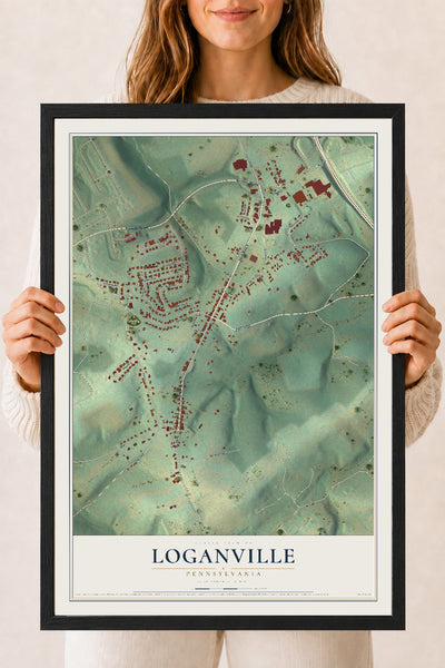 Map of Loganville, Pennsylvania, 18 x 24 inch print in a black wood frame