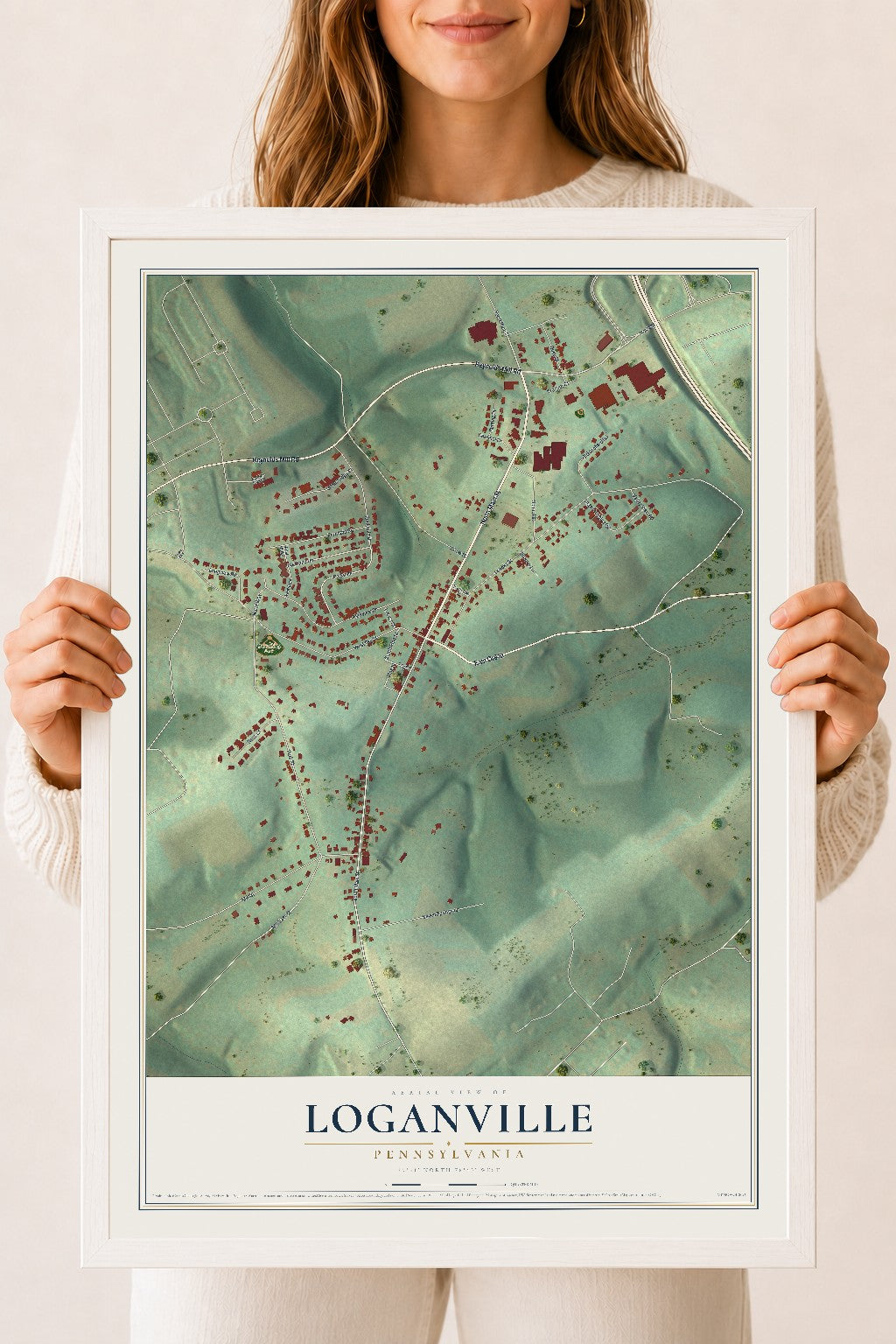Map of Loganville, Pennsylvania, 18 x 24 inch print in a white wood frame
