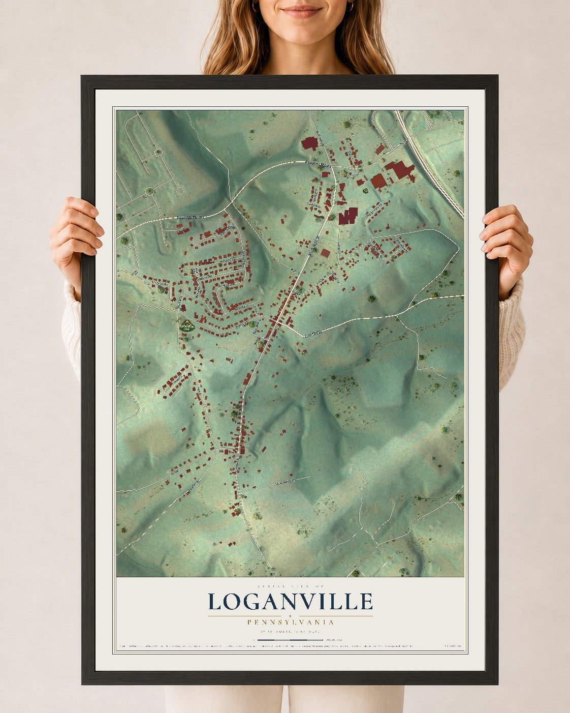 Map of Loganville, Pennsylvania, 24 x 36 inch print in a black wood frame