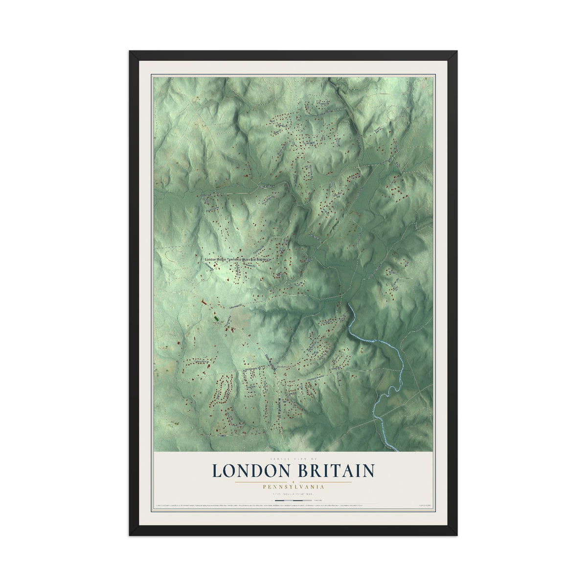 Map of London Britain, Pennsylvania, 12 x 18 inch print in a black wood frame