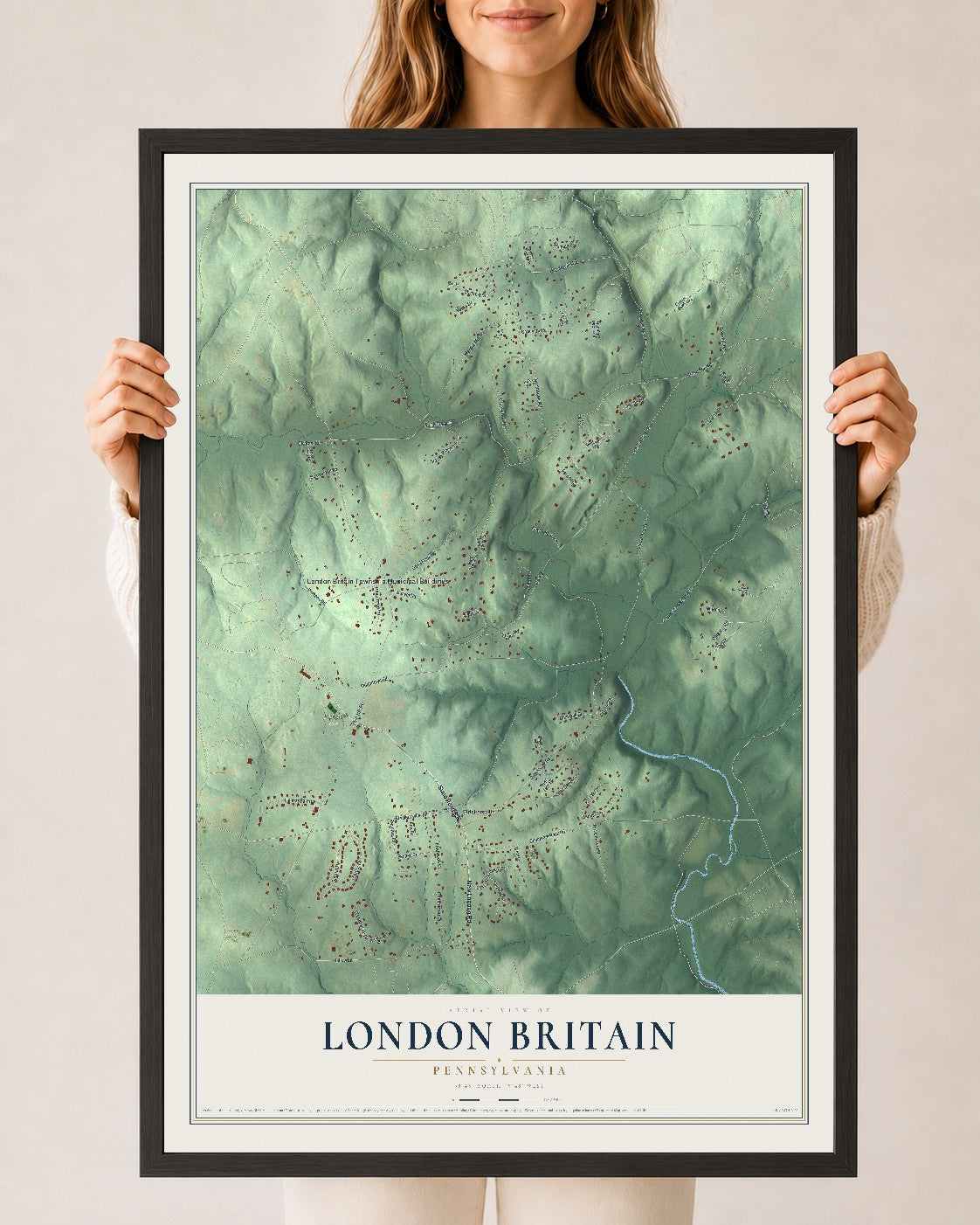 Map of London Britain, Pennsylvania, 24 x 36 inch print in a black wood frame
