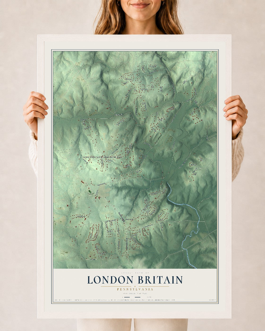 Map of London Britain, Pennsylvania, 24 x 36 inch print in a white wood frame
