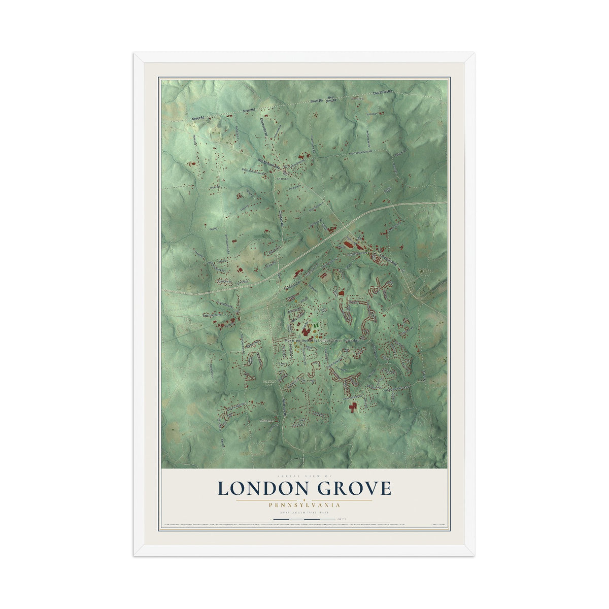 Map of London Grove, Pennsylvania, 12 x 18 inch print in a white wood frame