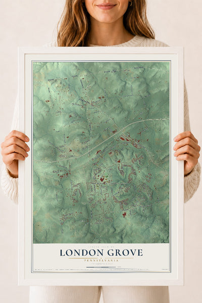 Map of London Grove, Pennsylvania, 18 x 24 inch print in a white wood frame