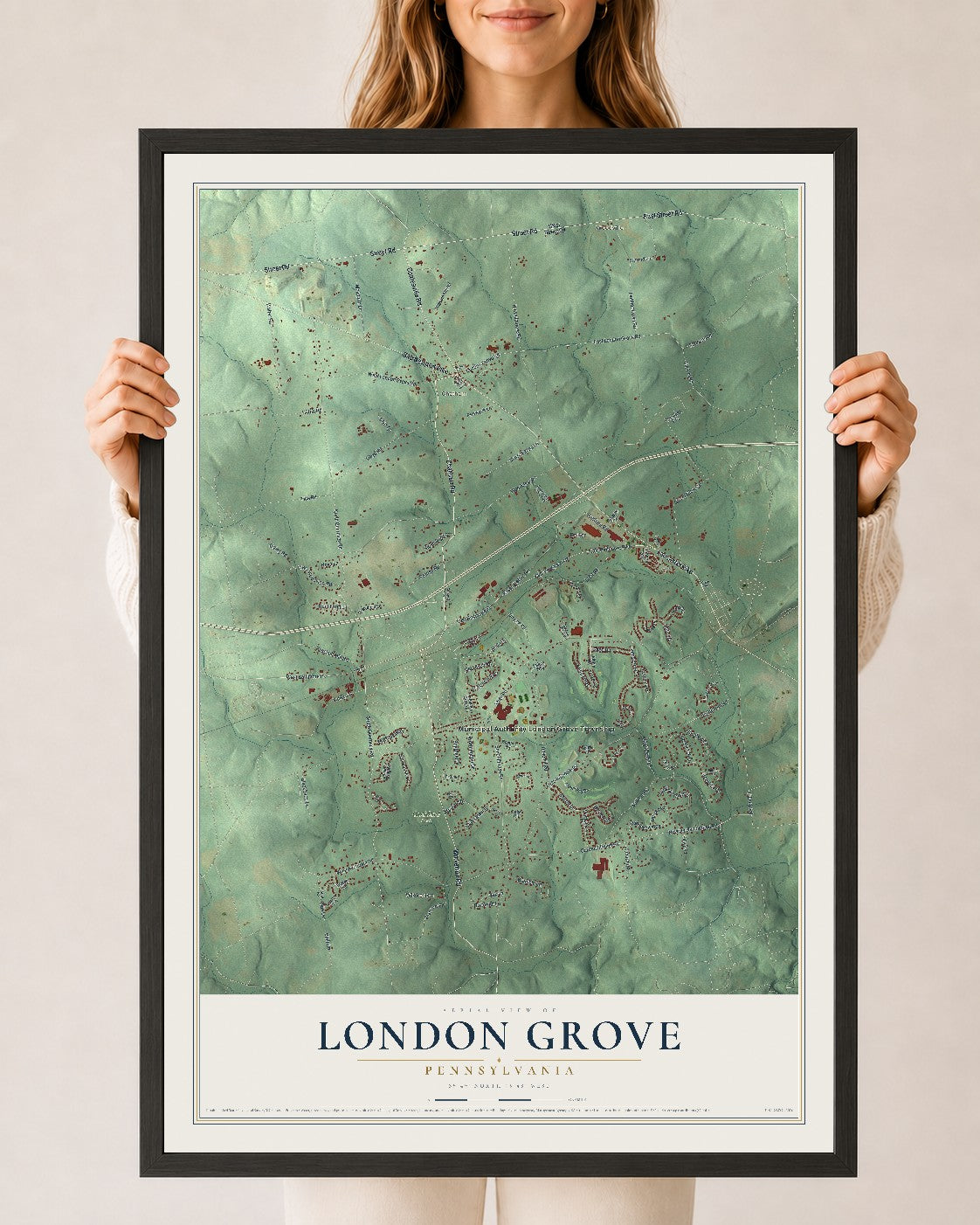 Map of London Grove, Pennsylvania, 24 x 36 inch print in a black wood frame