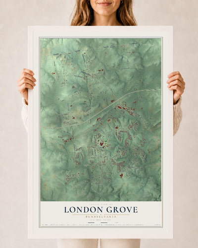 Map of London Grove, Pennsylvania, 24 x 36 inch print in a white wood frame