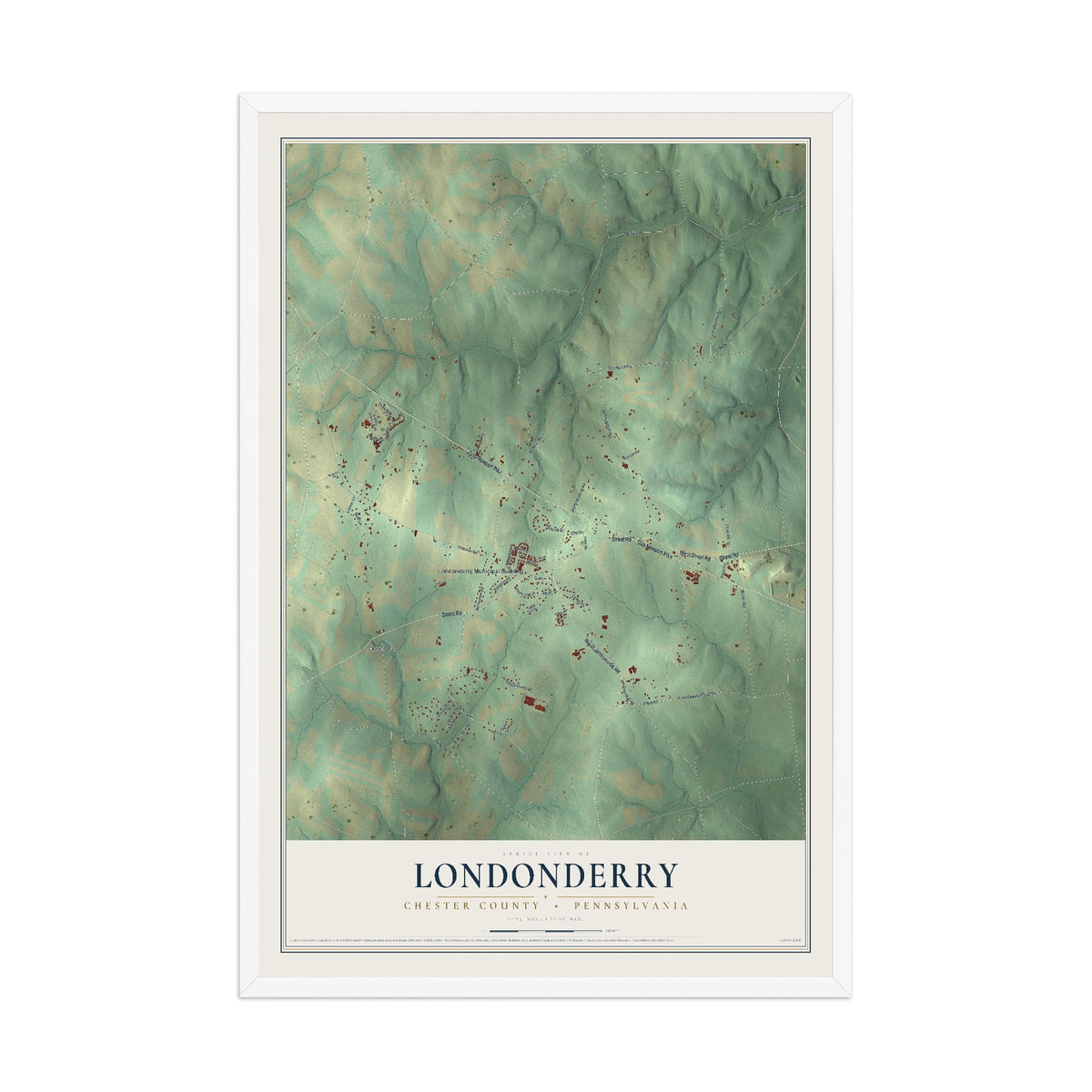 Map of Londonderry, Chester County, Pennsylvania, 12 x 18 inch print in a white wood frame