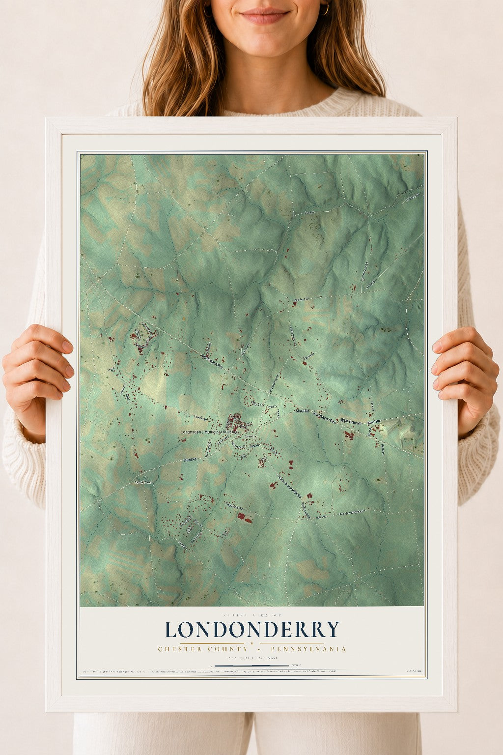 Map of Londonderry, Chester County, Pennsylvania, 18 x 24 inch print in a white wood frame