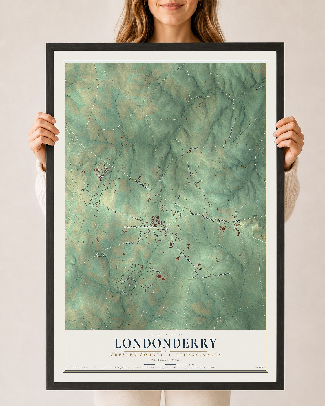 Map of Londonderry, Chester County, Pennsylvania, 24 x 36 inch print in a black wood frame