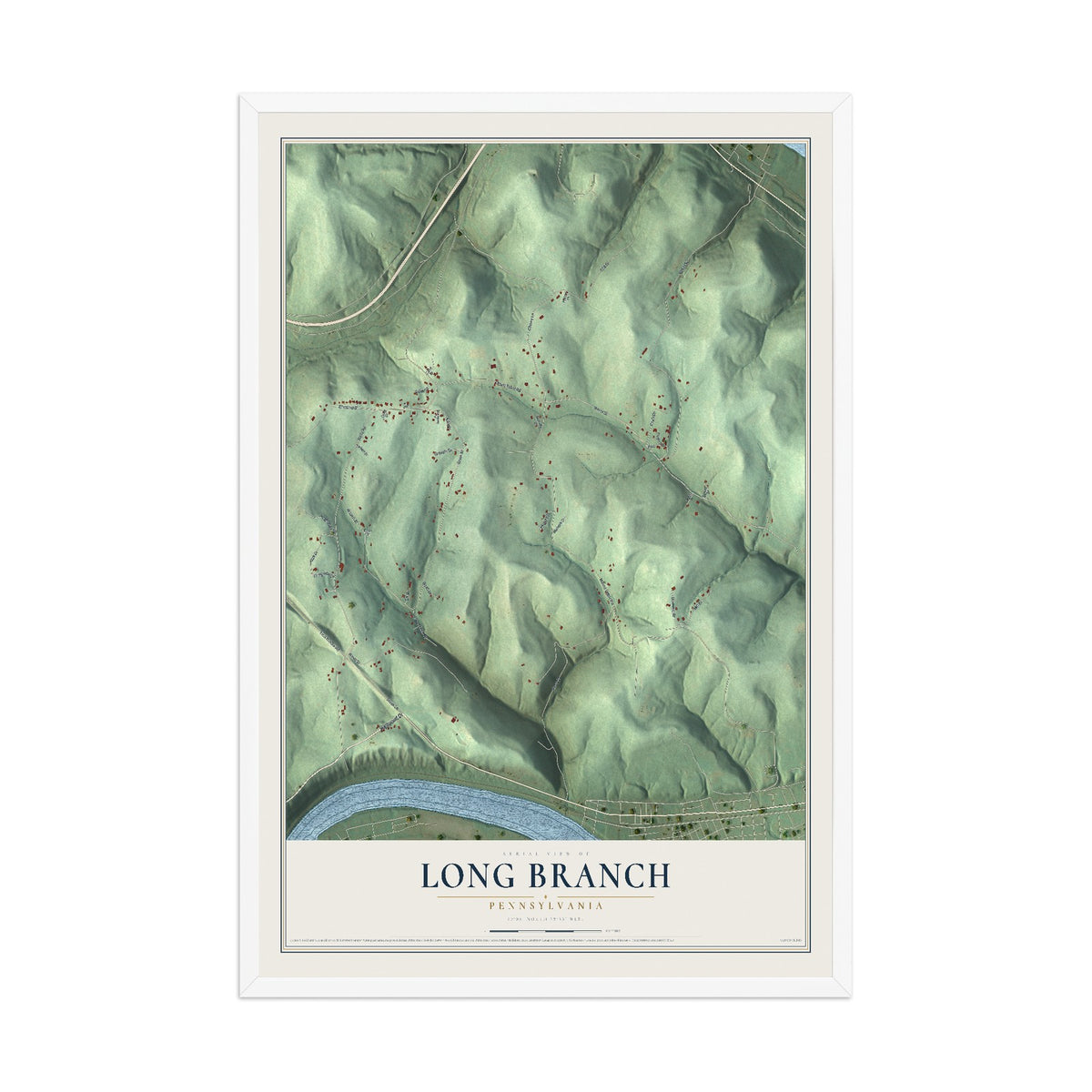 Map of Long Branch, Pennsylvania, 12 x 18 inch print in a white wood frame
