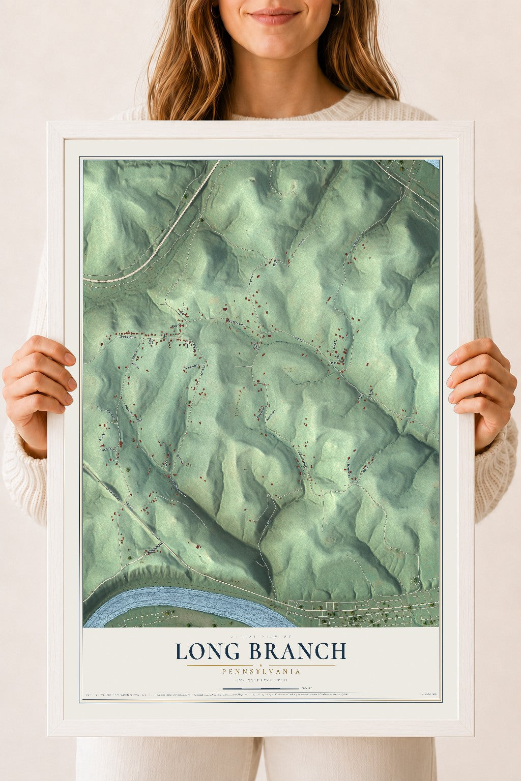 Map of Long Branch, Pennsylvania, 18 x 24 inch print in a white wood frame