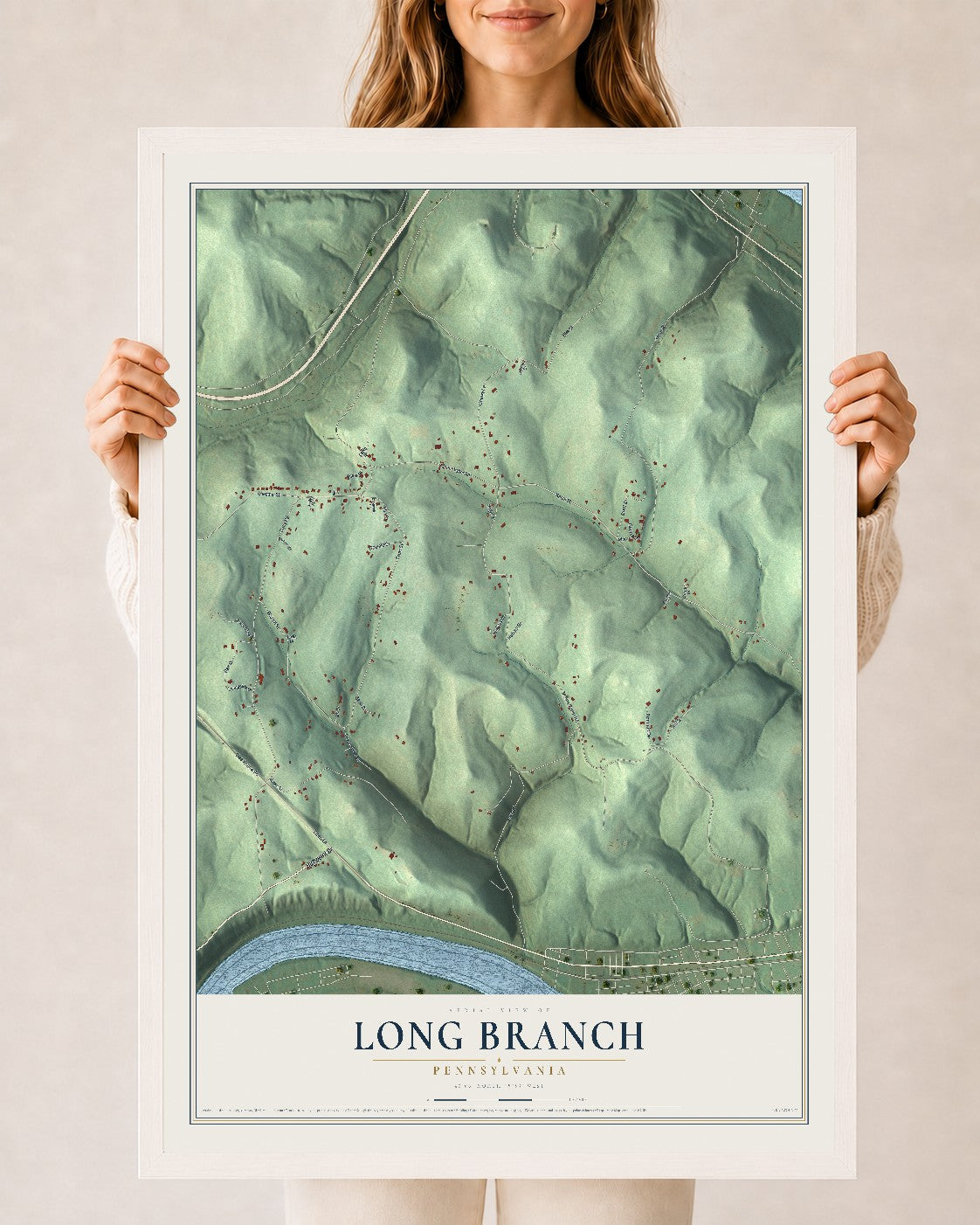 Map of Long Branch, Pennsylvania, 24 x 36 inch print in a white wood frame