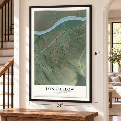 Longfellow, Pennsylvania map, 24 x 36 inch print in a black frame by a staircase