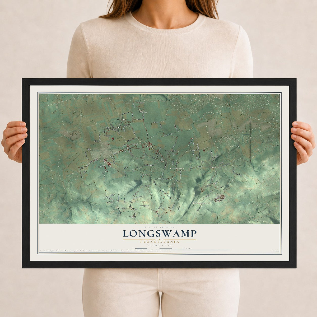 Map of Longswamp, Pennsylvania, 12 x 18 inch print in a black wood frame