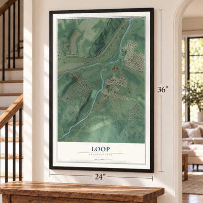 Loop, Pennsylvania map, 24 x 36 inch print in a black frame by a staircase