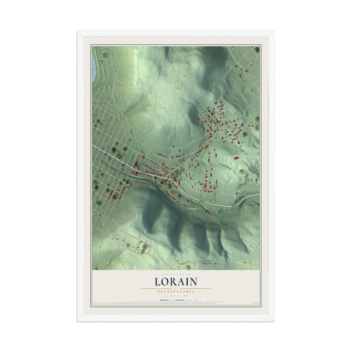 Map of Lorain, Pennsylvania, 12 x 18 inch print in a white wood frame