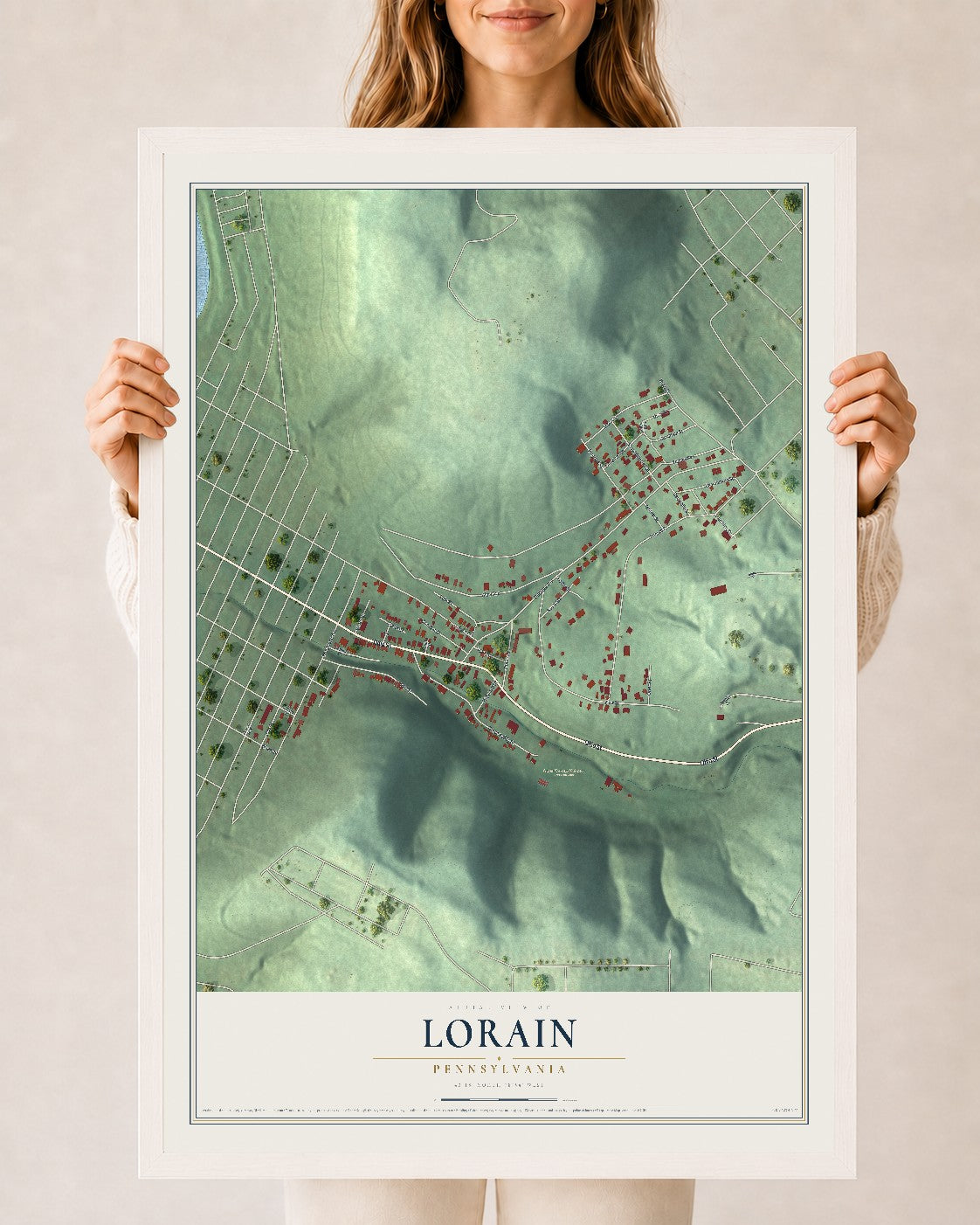 Map of Lorain, Pennsylvania, 24 x 36 inch print in a white wood frame