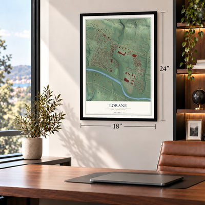 Lorane, Pennsylvania map, 18 x 24 inch print in a black frame in a home office