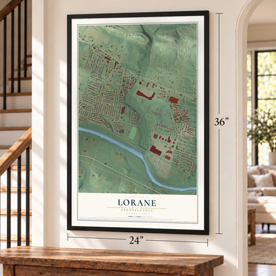 Lorane, Pennsylvania map, 24 x 36 inch print in a black frame by a staircase