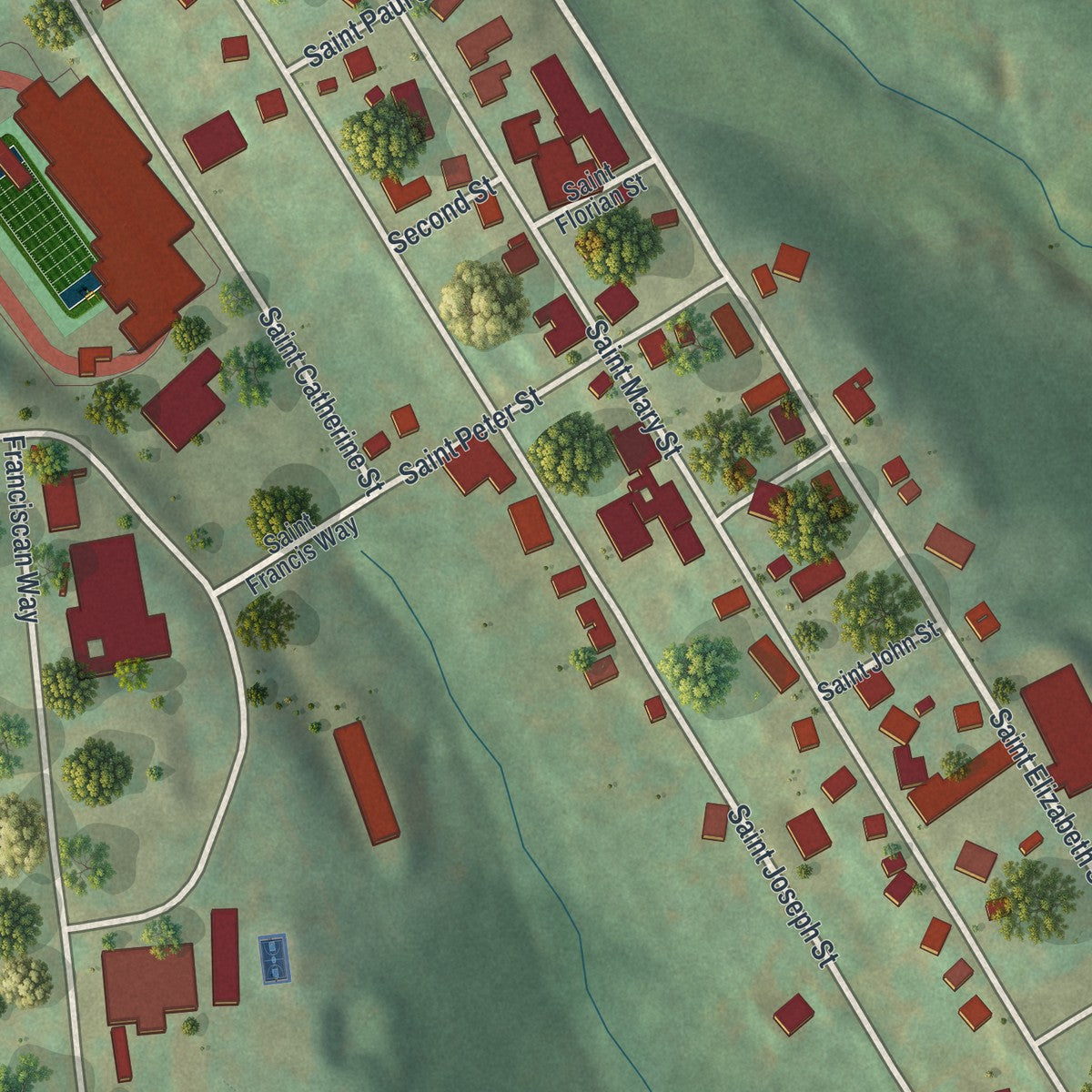 Close-up of the map of Loretto, Pennsylvania print showing street and building detail