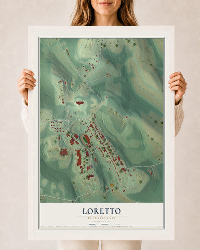Map of Loretto, Pennsylvania, 24 x 36 inch print in a white wood frame
