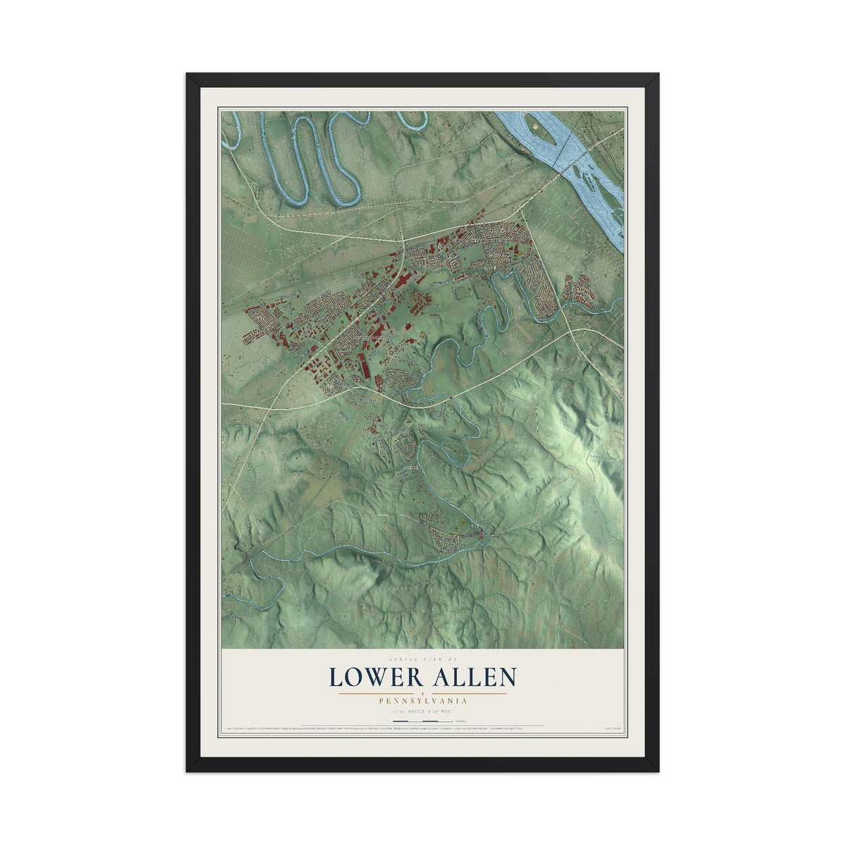 Map of Lower Allen, Pennsylvania, 12 x 18 inch print in a black wood frame