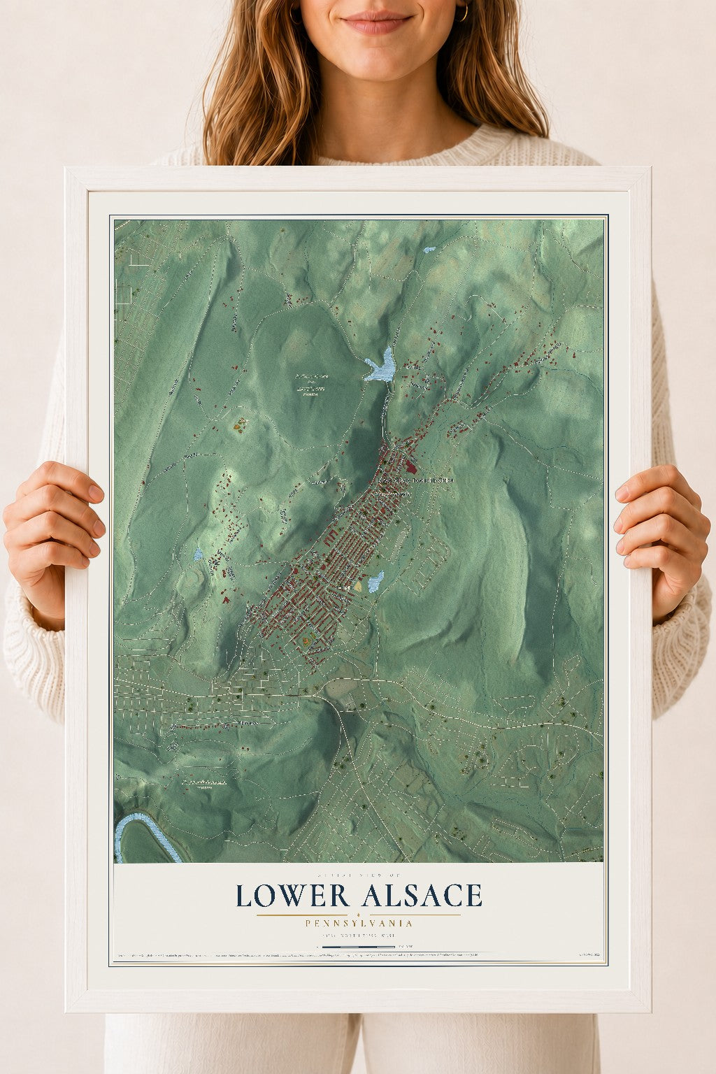 Map of Lower Alsace, Pennsylvania, 18 x 24 inch print in a white wood frame