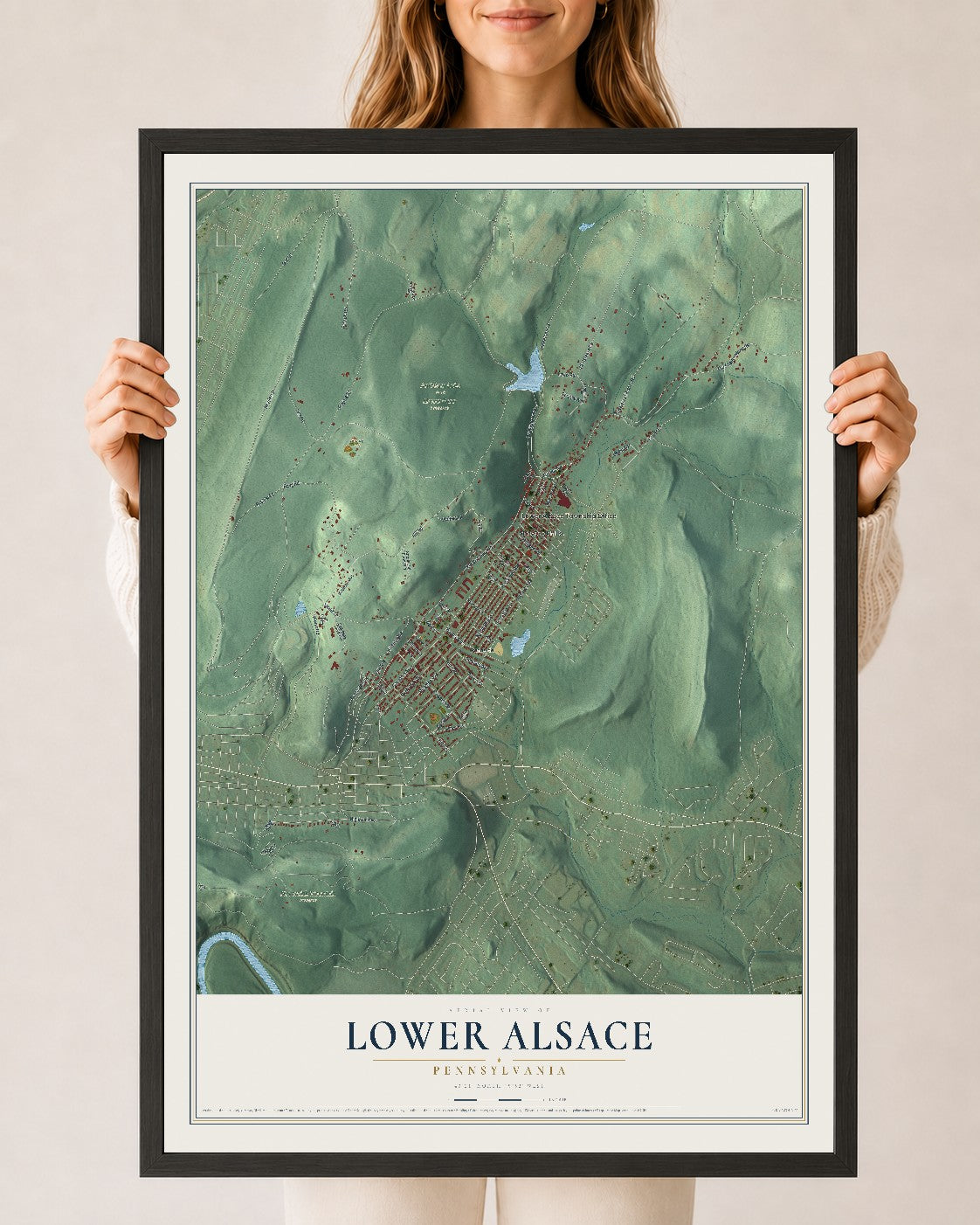 Map of Lower Alsace, Pennsylvania, 24 x 36 inch print in a black wood frame