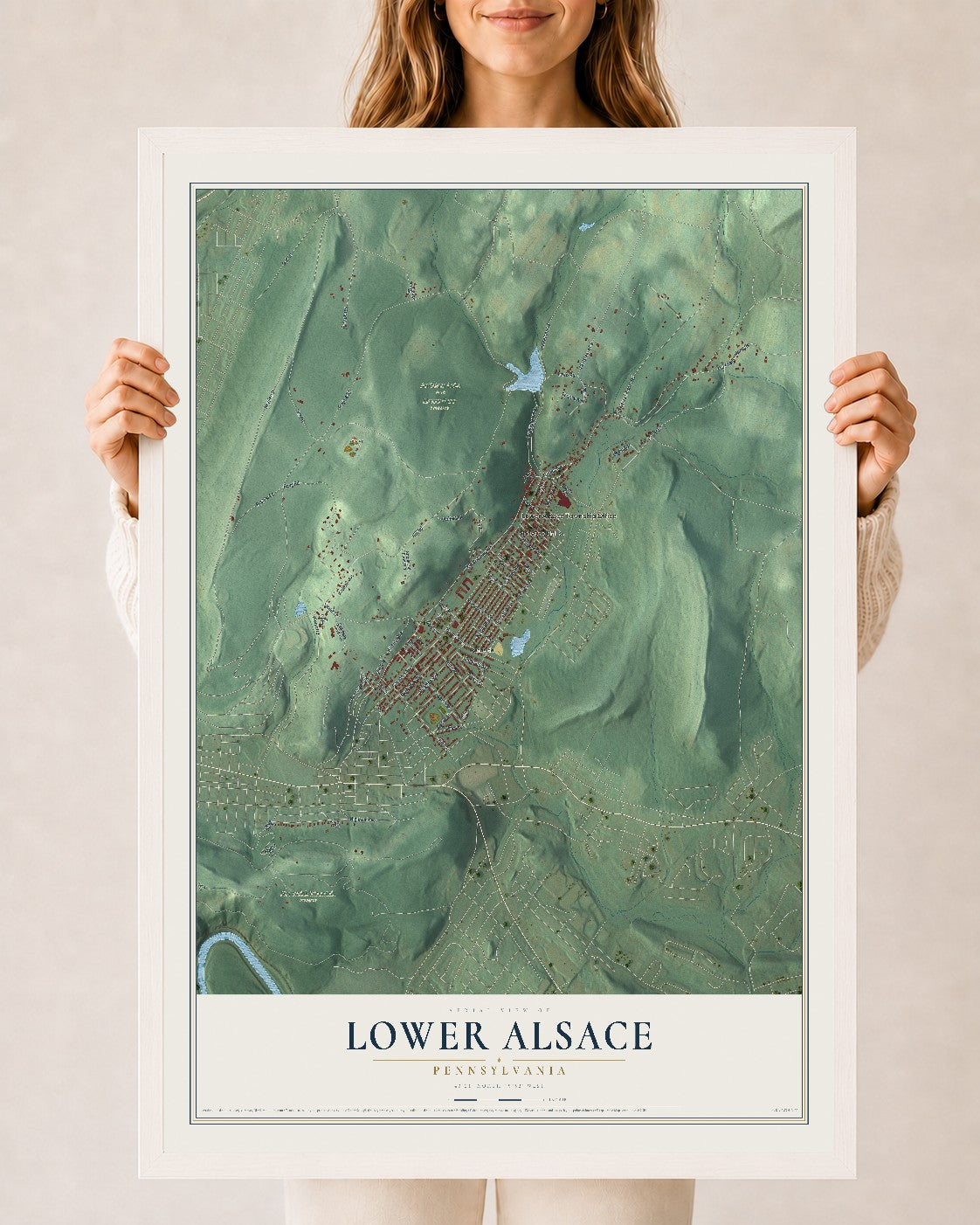 Map of Lower Alsace, Pennsylvania, 24 x 36 inch print in a white wood frame