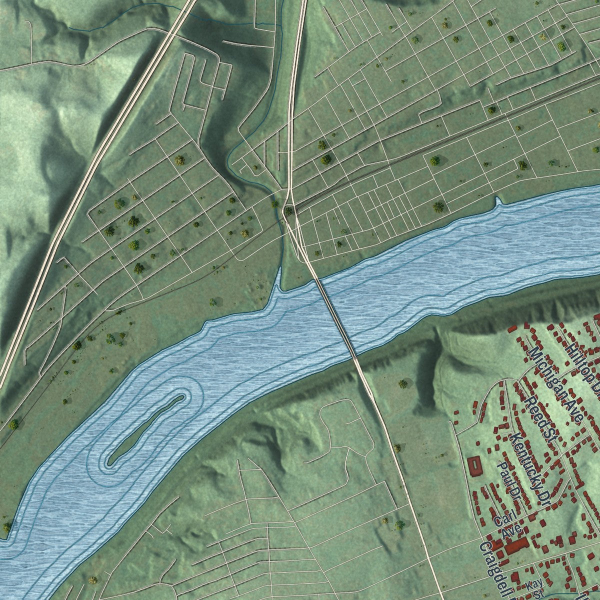 Second close-up of the map of Lower Burrell, Pennsylvania print showing more streets and buildings