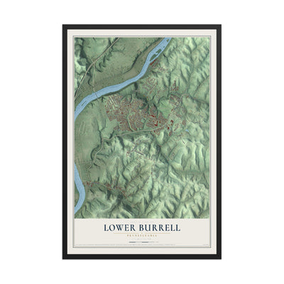 Map of Lower Burrell, Pennsylvania, 12 x 18 inch print in a black wood frame