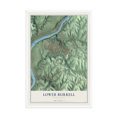 Map of Lower Burrell, Pennsylvania, 12 x 18 inch print in a white wood frame