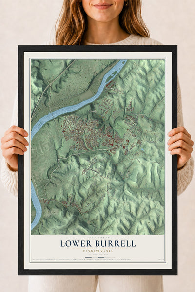 Map of Lower Burrell, Pennsylvania, 18 x 24 inch print in a black wood frame