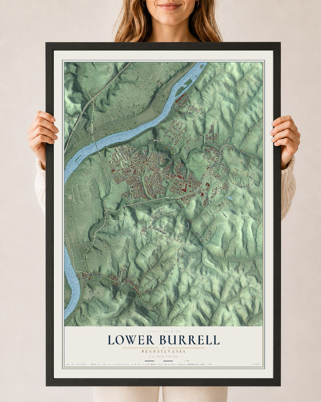 Map of Lower Burrell, Pennsylvania, 24 x 36 inch print in a black wood frame