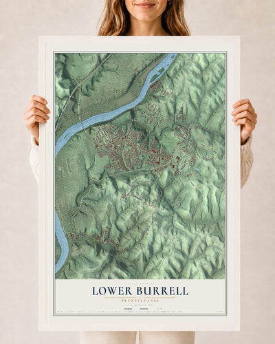 Map of Lower Burrell, Pennsylvania, 24 x 36 inch print in a white wood frame