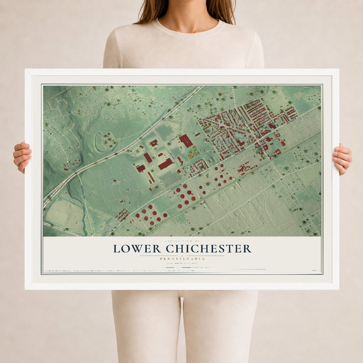 Map of Lower Chichester, Pennsylvania, 24 x 36 inch print in a white wood frame