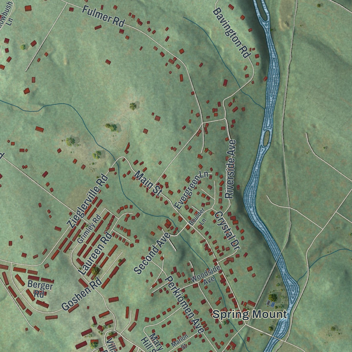 Close-up of the map of Lower Frederick, Pennsylvania print showing street and building detail